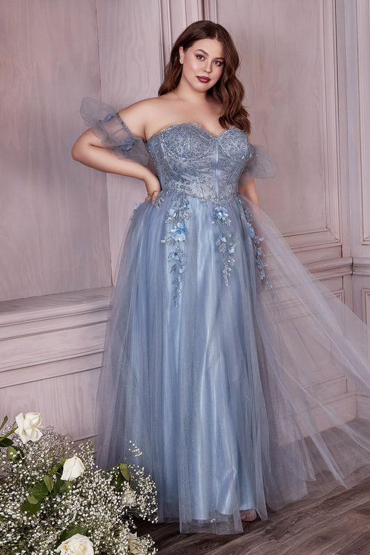 Blush & Burgundy Plus Size Tulle Ball Gown | Floral Appliqué Strapless Dress with Off-Shoulder Sleeves  CDCD0191C-0