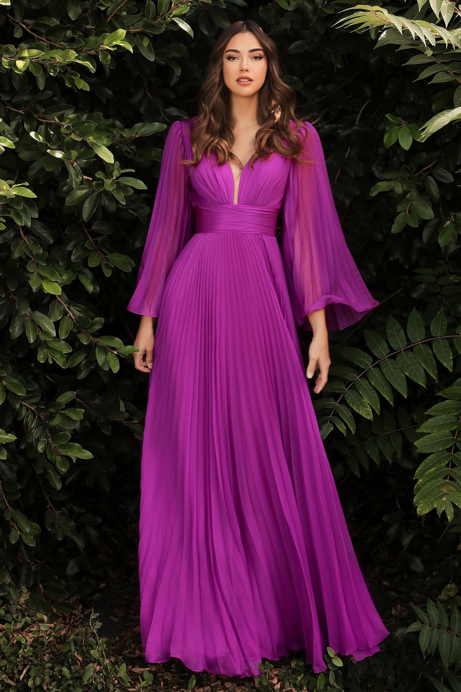 Pleated Chiffon Long Sleeve Gown-3