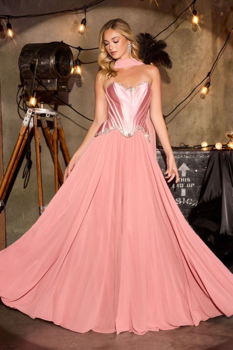 Ball Gown Strapless Satin Corset Crystal Embellished Bodice Chiffon Skirt-5