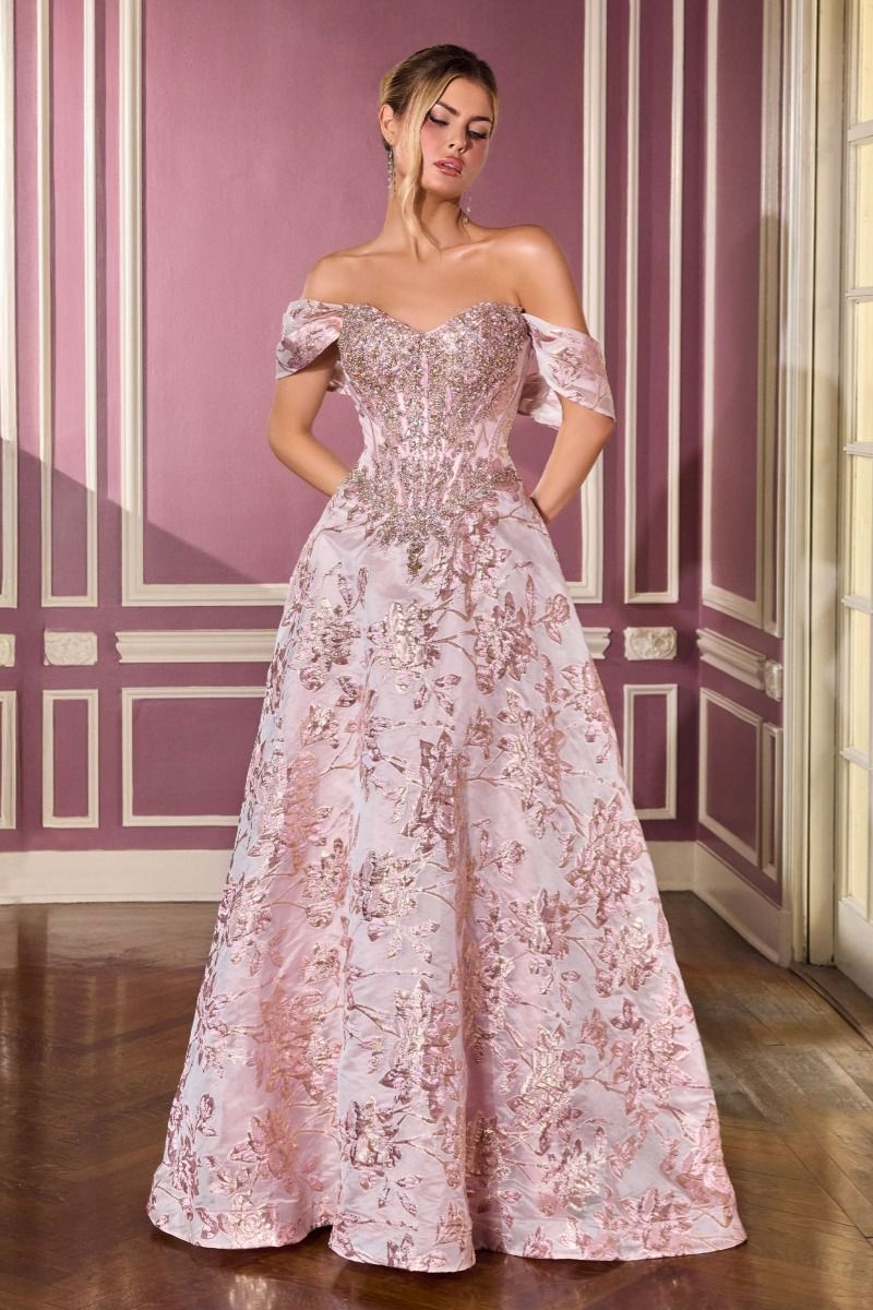 Ball Gown Off-The-Shoulder Beaded Crystal Corset Metallic Floral Jacquard Skirt-5