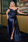 Dazzling Beads Embellished Sheath Gals Satin Dress w/ Side Drape & Sexy Leg Slit CD803-1