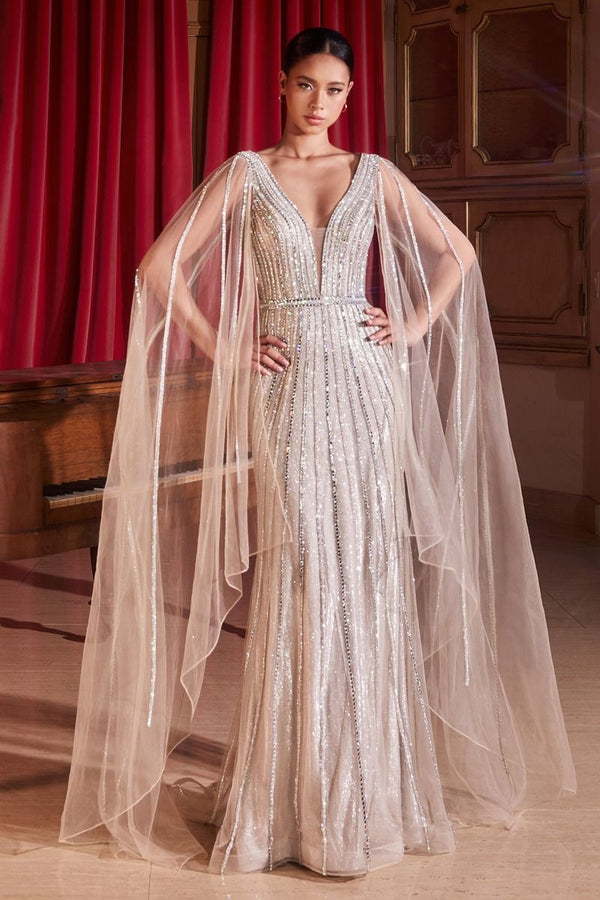 Champagne | Beaded Cape Sleeve Evening Gown with Deep V-Neck  CDCD865-0