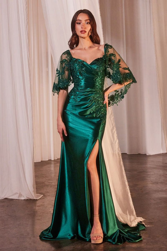 Stretch Satin Fitted Dress & Removable Lace Caplet-0