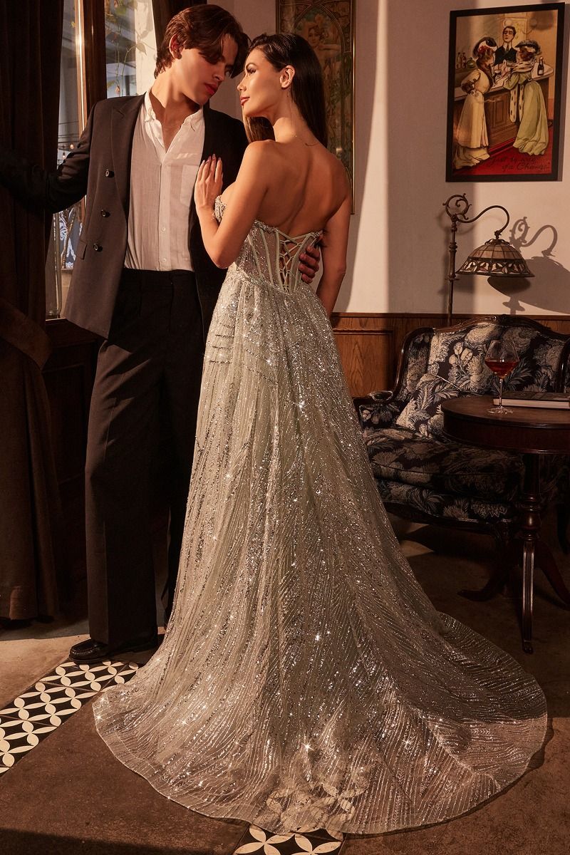 Strapless Glitter Printed Gown & Overskirt-4