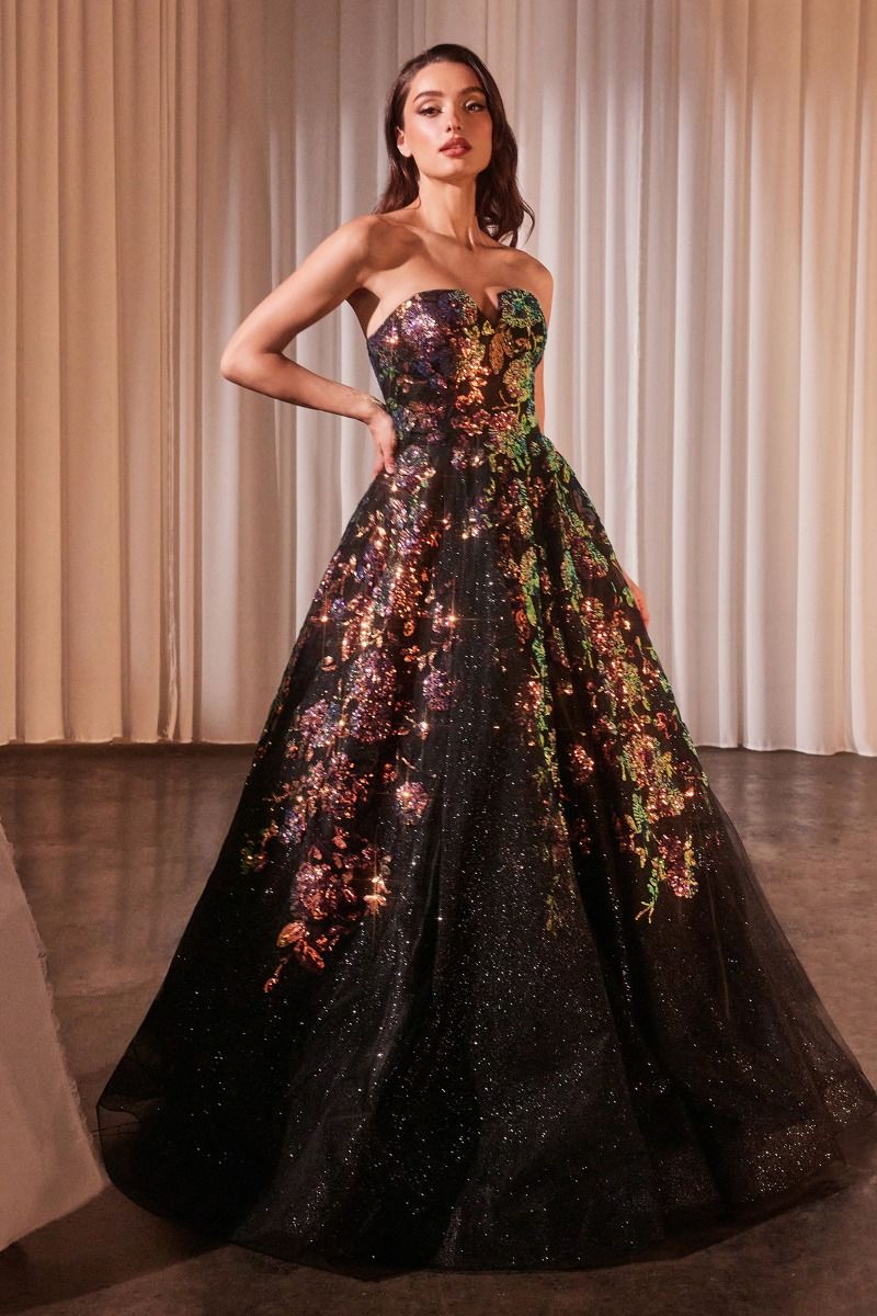 STRAPLESS FLORAL APPLIQUED BLACK BALL GOWN CDCR380-4