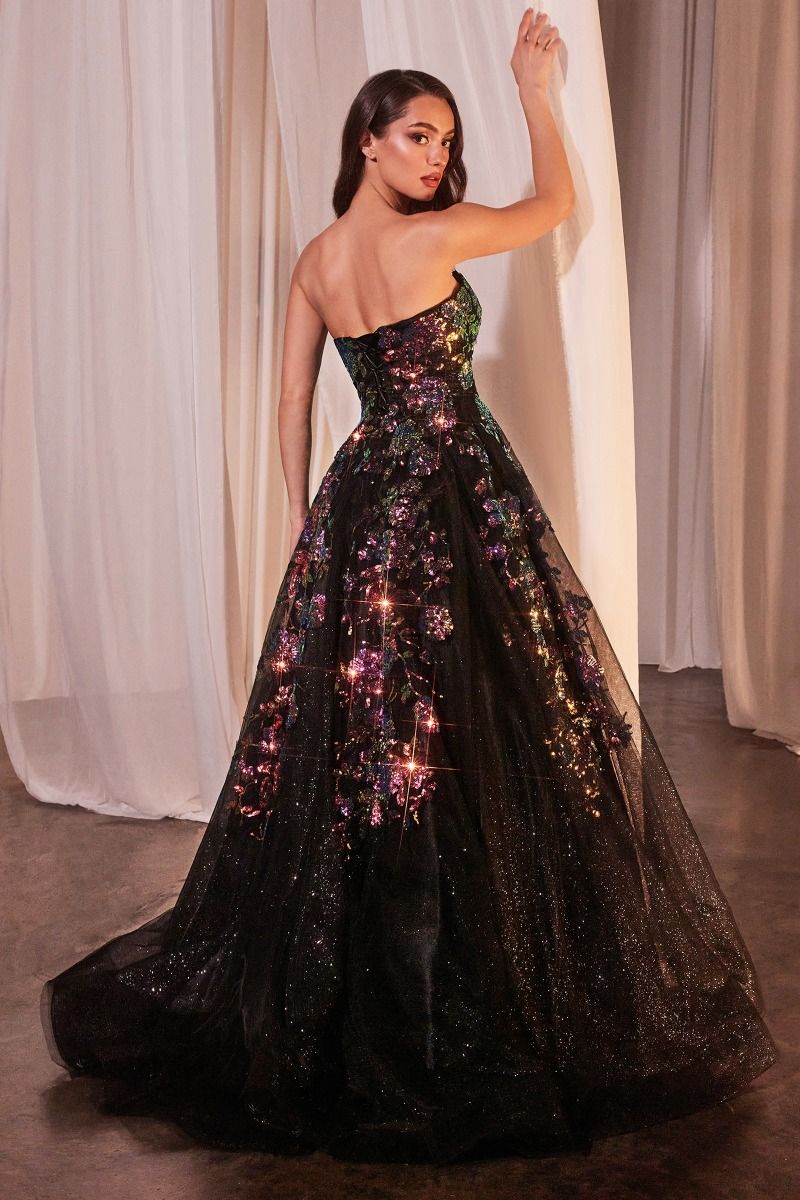 STRAPLESS FLORAL APPLIQUED BLACK BALL GOWN CDCR380-3