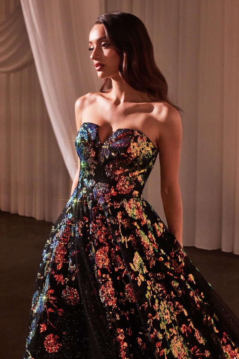 Strapless Floral Appliqued Black Ball Gown-3