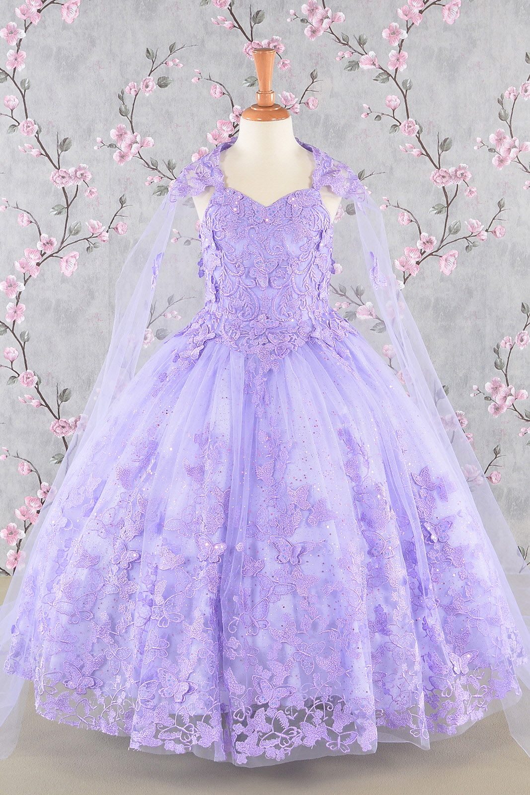 3-D Butterfly Sequin Mesh Kids Dress w/ Detachable Long Mesh Cape-0