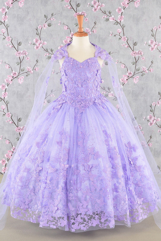 3-D Butterfly Sequin Mesh Kids Dress w/ Detachable Long Mesh Cape-0