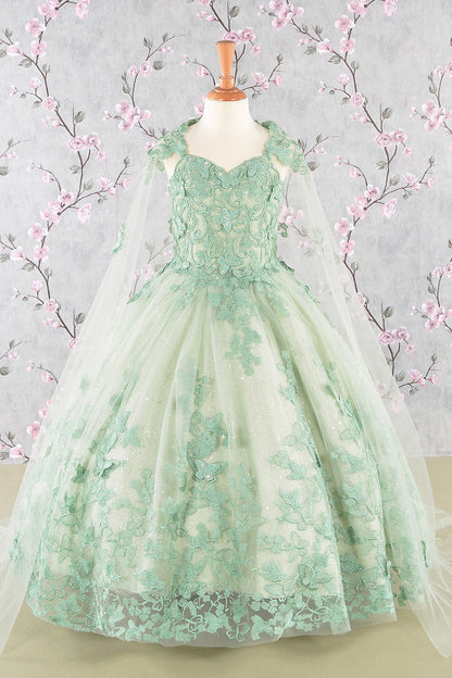 3-D Butterfly Sequin Mesh Kids Dress w/ Detachable Long Mesh Cape-6