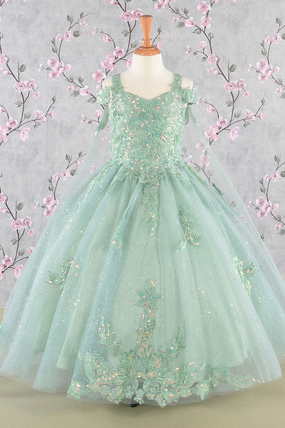 Embroidery Bead Kids Dress w/ Detachable Long Back Drapes-0