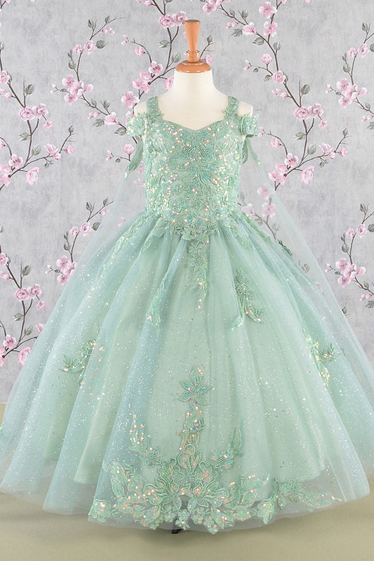 Embroidery Bead Kids Dress w/ Detachable Long Back Drapes-0