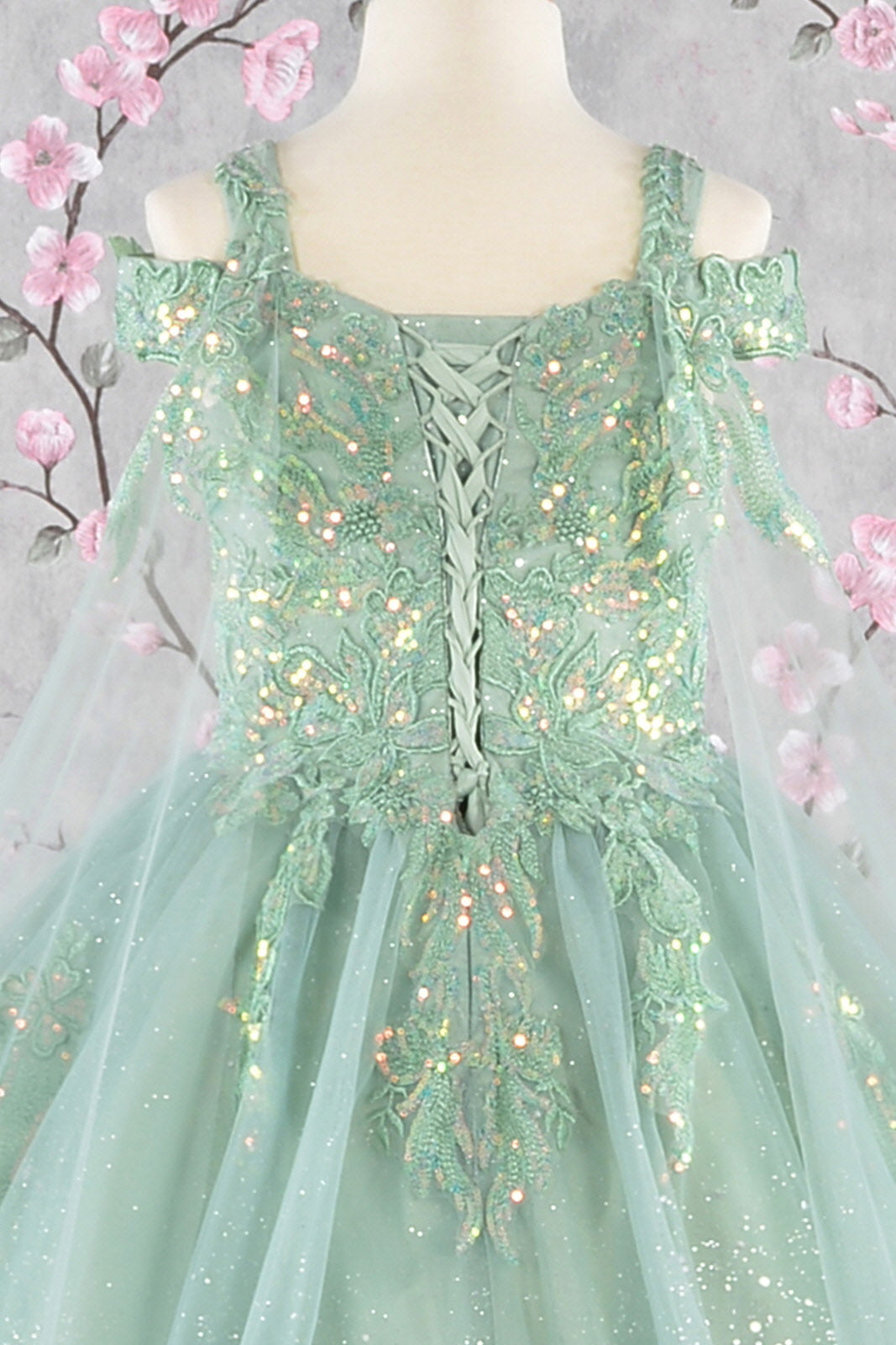 Embroidery Bead Kids Dress w/ Detachable Long Back Drapes-3