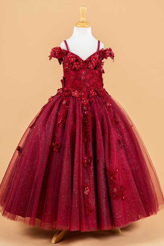 3D Flower and Butterfly Applique Cold Shoulder Embellished V-Neck Kids Dress-0