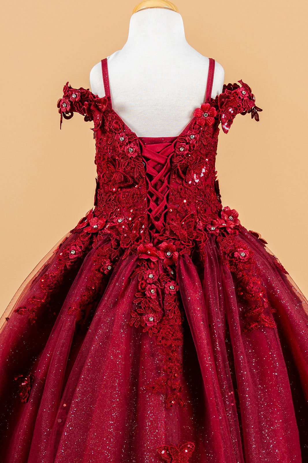 3D Flower and Butterfly Applique Cold Shoulder Embellished V-Neck Kids Dress-3