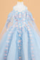 3D Flower Applique Embellished Kids Dress With Cold Shoulder Detachable Cape Sleeves-2