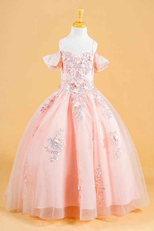 3D Flower Applique Sequins Embroidery Lace-Up Back Corset V-Neck Cold Shoulder Kids Dress-0