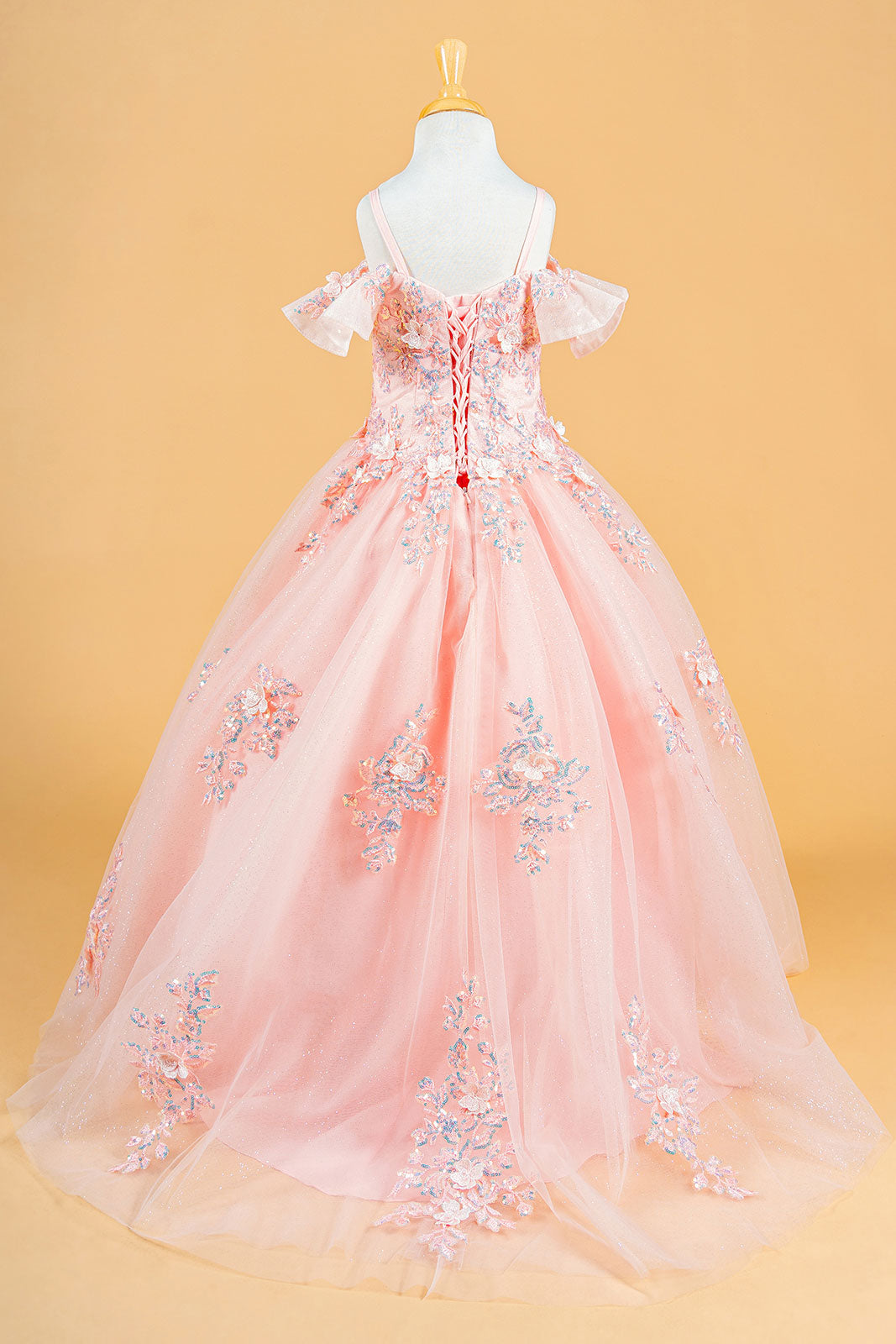 3D Flower Applique Sequins Embroidery Lace-Up Back Corset V-Neck Cold Shoulder Kids Dress-1