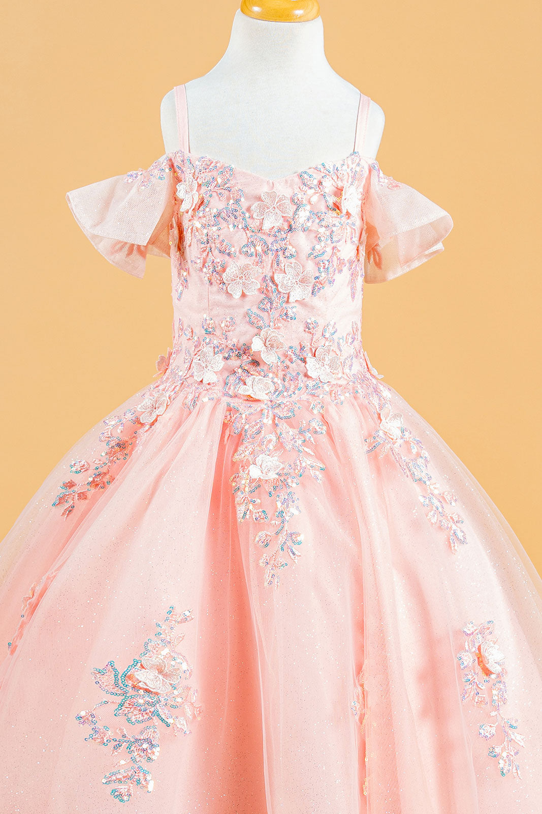 3D Flower Applique Sequins Embroidery Lace-Up Back Corset V-Neck Cold Shoulder Kids Dress-2