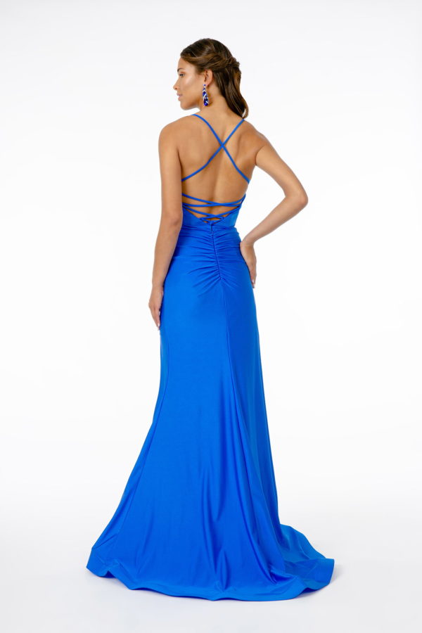 V-Neck Mermaid Ruched Jersey Long Dress w/ Slit-5