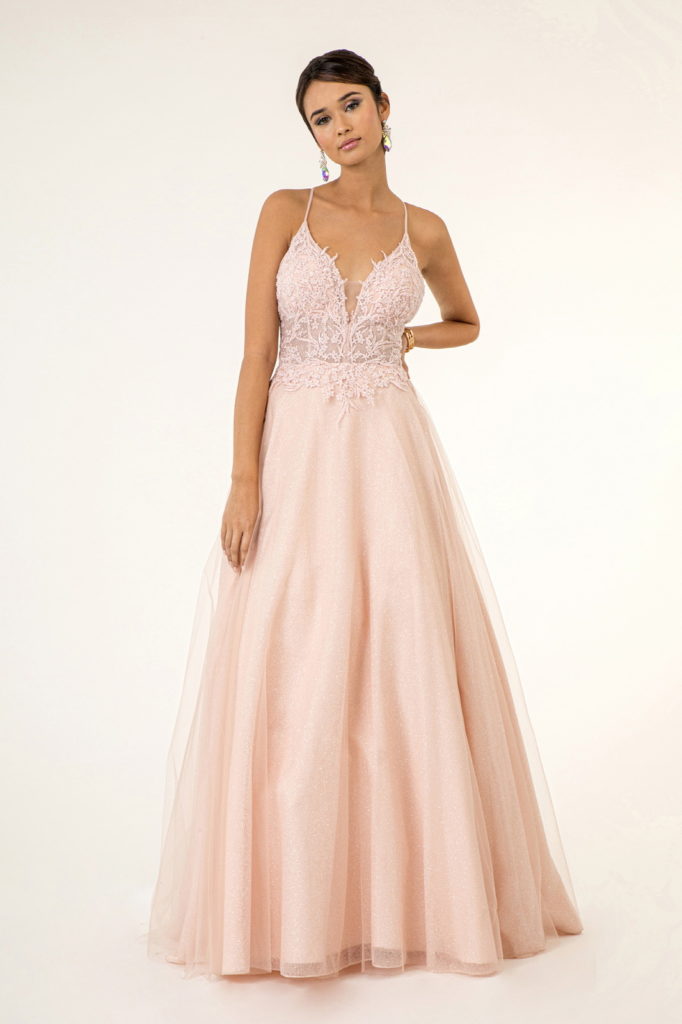 V-Neck Floral Embroidery Embellished Bodice Glitter Mesh Long Dress-8