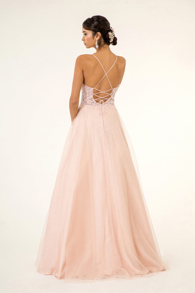 V-Neck Floral Embroidery Embellished Bodice Glitter Mesh Long Dress-9
