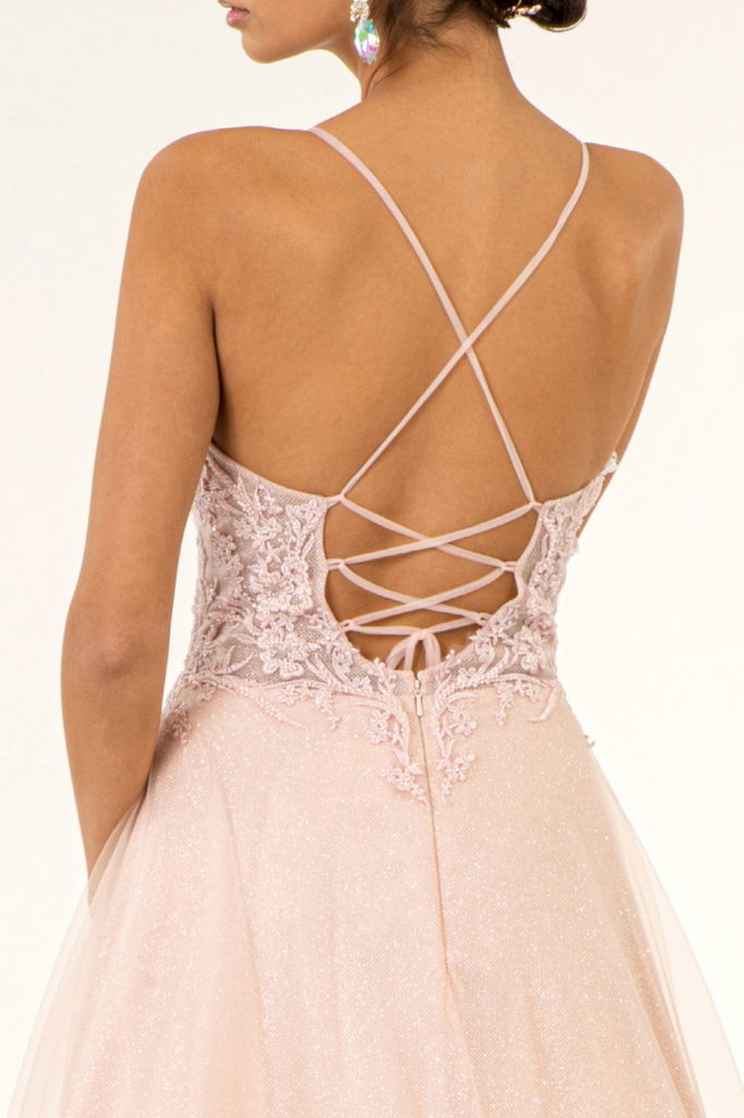 V-Neck Floral Embroidery Embellished Bodice Glitter Mesh Long Dress-12