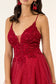V-Neck Floral Embroidery Embellished Bodice Glitter Mesh Long Dress-6