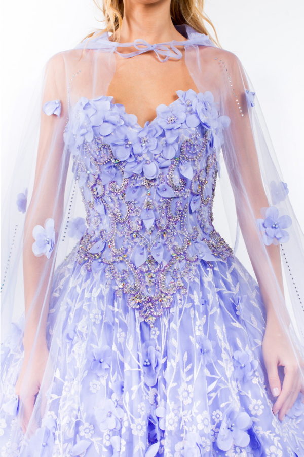 Sweetheart Neckline Beads and Jewel Embellished Bodice Quinceanera Dress w/ Mesh Cape-15
