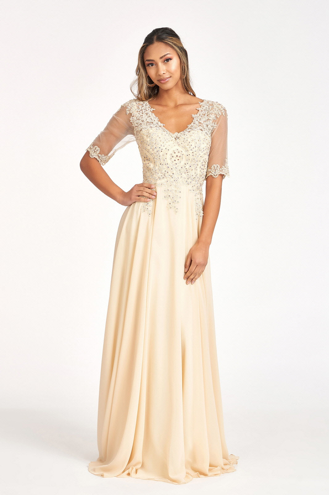 Rhinestone and Embroidery Embellished Chiffon Long Dress-6