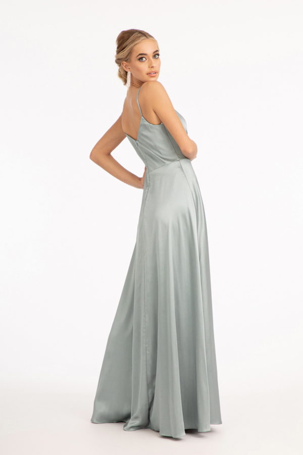 Spaghetti Strap V-Neck Satin A-Line Dress w/ Slit-9