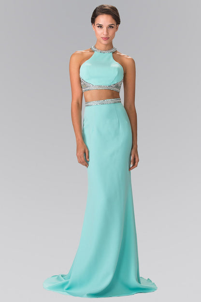 High Neck Two-Piece Jersey Long Dress Accented with a Beaded Band Waistline-0