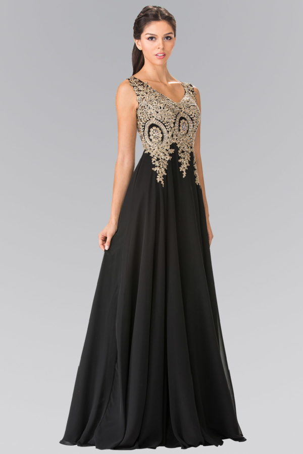 V-Neck Embroidered Chiffon Long Dress-14