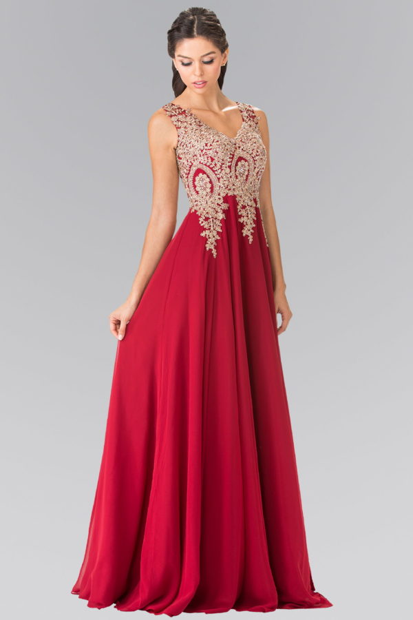 V-Neck Embroidered Chiffon Long Dress-18