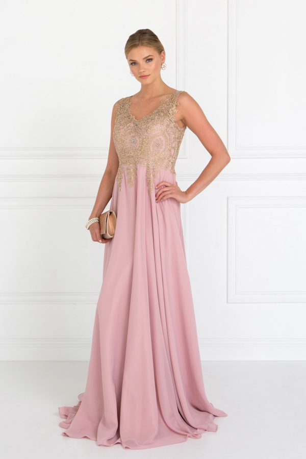 V-Neck Embroidered Chiffon Long Dress-30