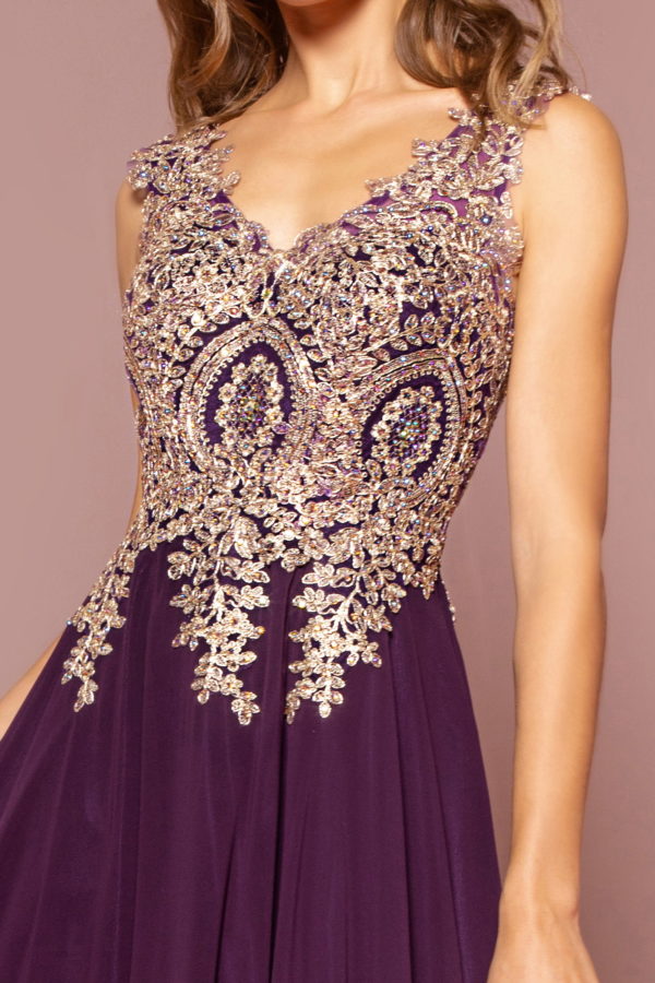 V-Neck Embroidered Chiffon Long Dress-22