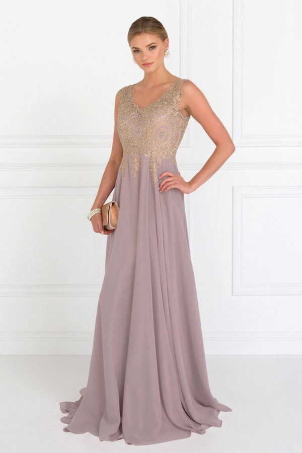V-Neck Embroidered Chiffon Long Dress-32