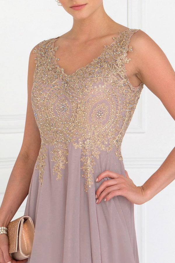 V-Neck Embroidered Chiffon Long Dress-33