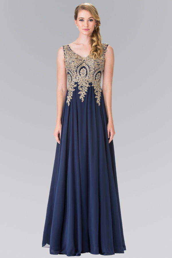 V-Neck Embroidered Chiffon Long Dress-23