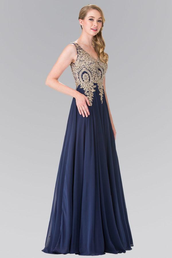 V-Neck Embroidered Chiffon Long Dress-25
