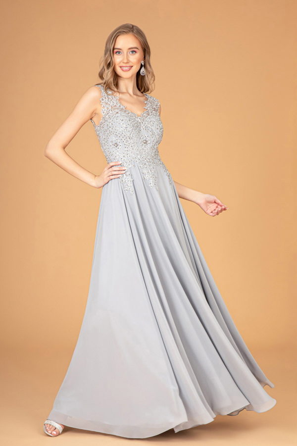 V-Neck Embroidered Chiffon Long Dress-9