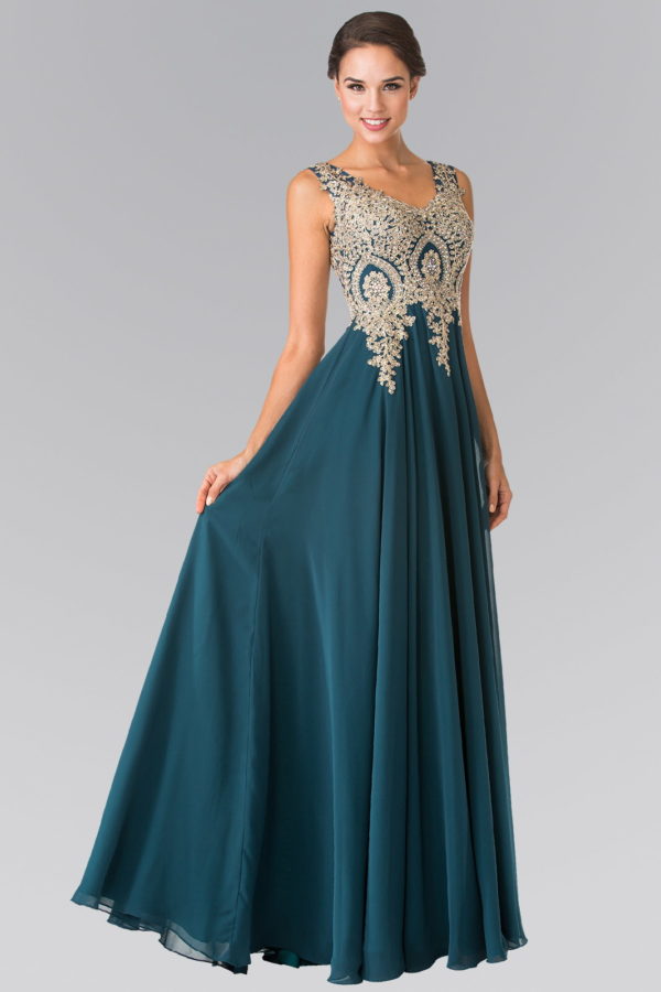V-Neck Embroidered Chiffon Long Dress-26
