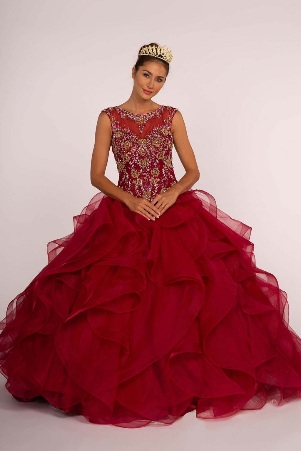 Beads Embellished Bodice Tulle Ball Gown w/ Multi-Layered Ruffle Skirt-0