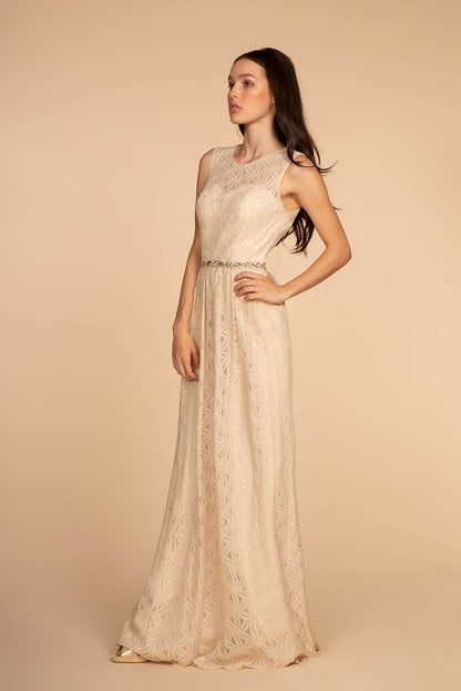 Jewel Embellished Waist Lace Long Dress-0