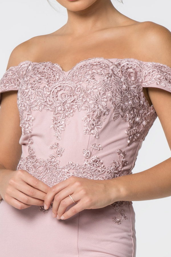 Embroidered Off-Shoulder Jersey Long Dress w/ Slit-7