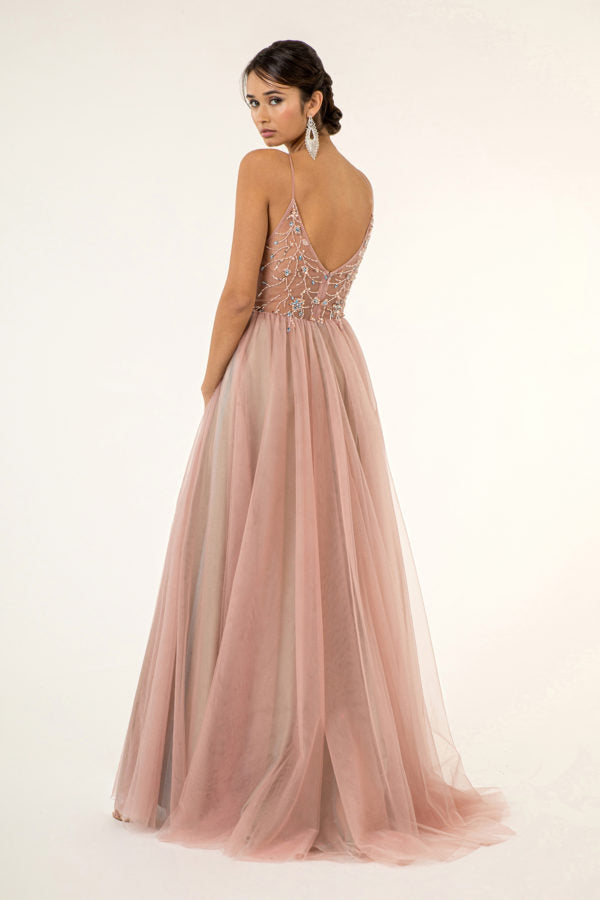 Beads Embellished Bodice V-Neck Mesh A-Line Prom Dress w/ Sheer Back - Mask Not Included-6