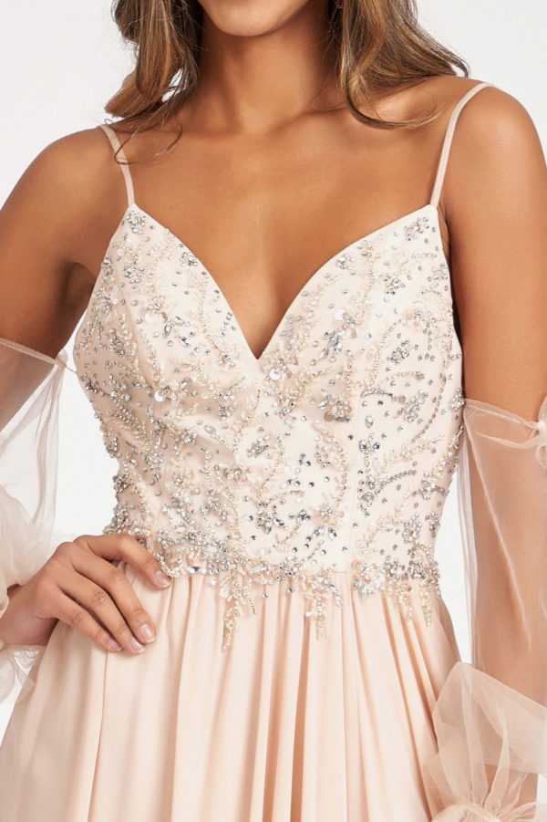 Detachable Mesh Sleeve V-Neck Chiffon Prom Dress-5