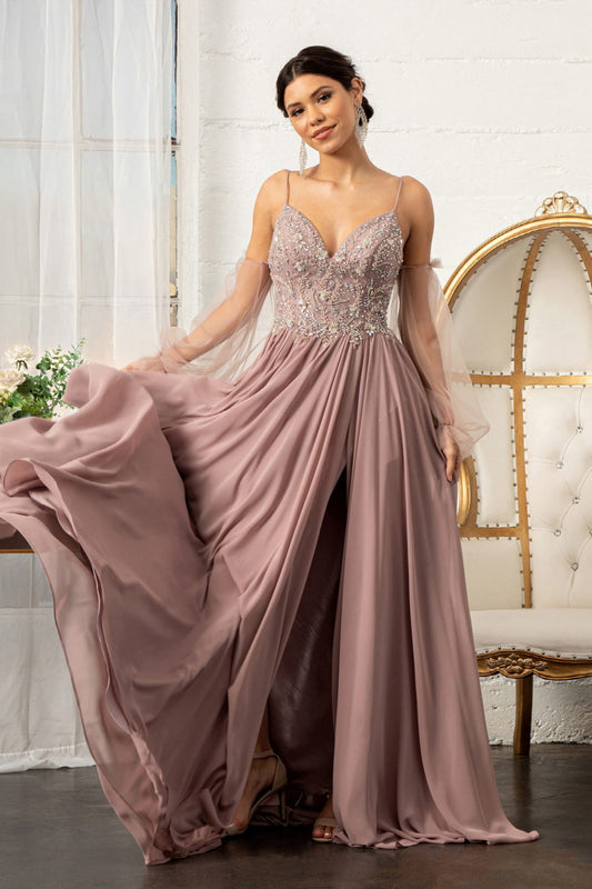 Detachable Mesh Sleeve V-Neck Chiffon Prom Dress-0