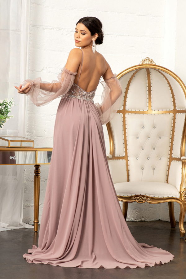 Detachable Mesh Sleeve V-Neck Chiffon Prom Dress-7