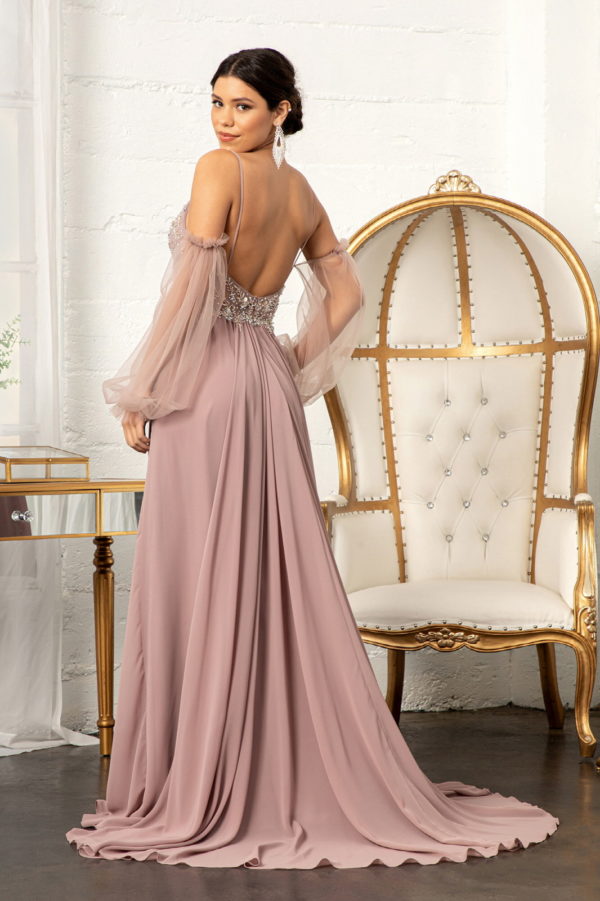 Detachable Mesh Sleeve V-Neck Chiffon Prom Dress-9
